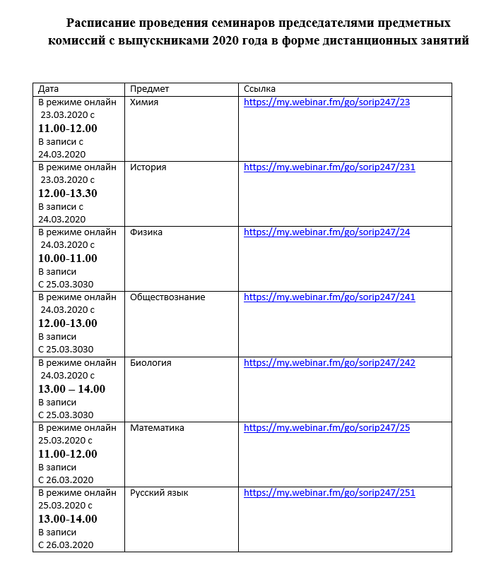 Расписание проведения семинаров председателями предметных комиссий с выпускниками 2020 года в форме дистанционных занятий